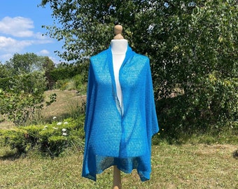 Azur Blue Summer Lace Shawl, Finely Knitted Womens Shoulder Wrap in Pure Linen, Stylish Bright Cerulean Blue Scarf, Oekotex European Linnen