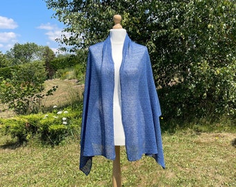 Royal Blue Summer Lace Shawl, Finely Knitted Womens Shoulder Wrap in Pure Linen, Super Stylish Feminine Transparent Medium Blue Scarf Shawl