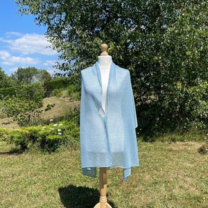Light Blue Summer Lace Shawl, Finely Knitted Womens Shoulder Wrap in Pure Linen, Super Stylish High Quality Feminine Pale Blue Scarf Shawl