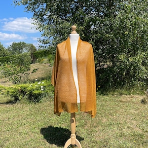 Golden Yellow Summer Lace Shawl, Finely Knitted Womens Shoulder Wrap in Pure Linen, Super Elegant Transparent Dark Yellow Scarf Shawl