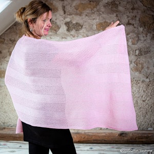 May include: A pink knitted shawl with a delicate openwork pattern. The shawl is draped over a person's shoulders and is held out in front of them.