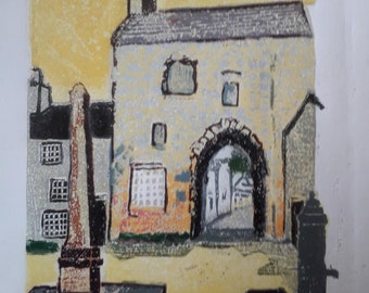 Lino-cut. Cartmel Priory Gatehouse.