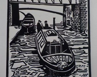 Narrowboat in ice  linocut