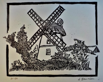 Lino-cut: Gibraltar Mill, Great Bardfield.