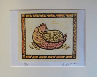 Hen - lino-cut