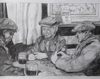 The Dominoe Players - print of a pencil drawing.