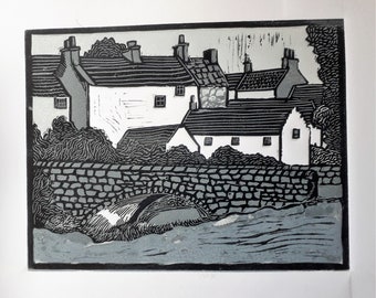 Lino-cut.  Ceres from the green, Fife.