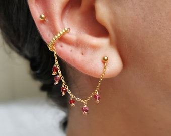 Boucle d'oreille double en acier, chaine d'oreille perles rouges, faite main