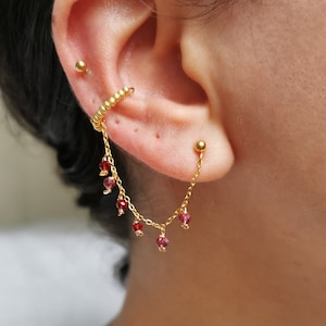 Double steel earring, red pearl ear chain, handmade
