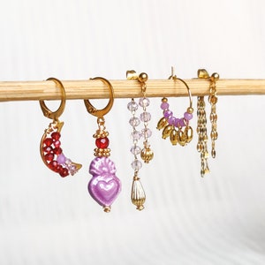 Steel earring, moon earring, lobe piercing set, creole and ring composition