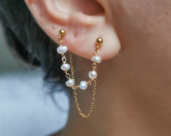 Double earring, freshwater pearl ear chain, handmade