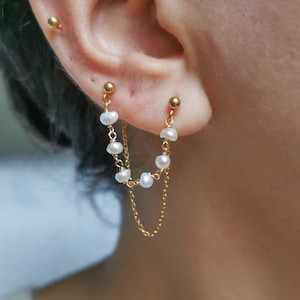 Double earring, freshwater pearl ear chain, handmade