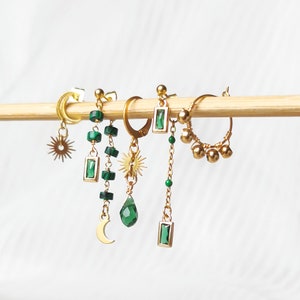 Orecchino singolo in acciaio, composizione per piercing all'orecchio, perline di malachite, fatto a mano