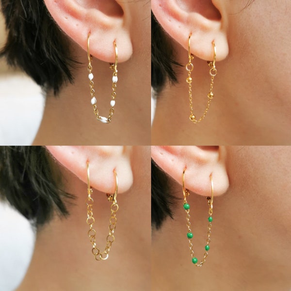 Boucle d'oreille double acier inoxydable, piercing d'oreille, bijoux dorés