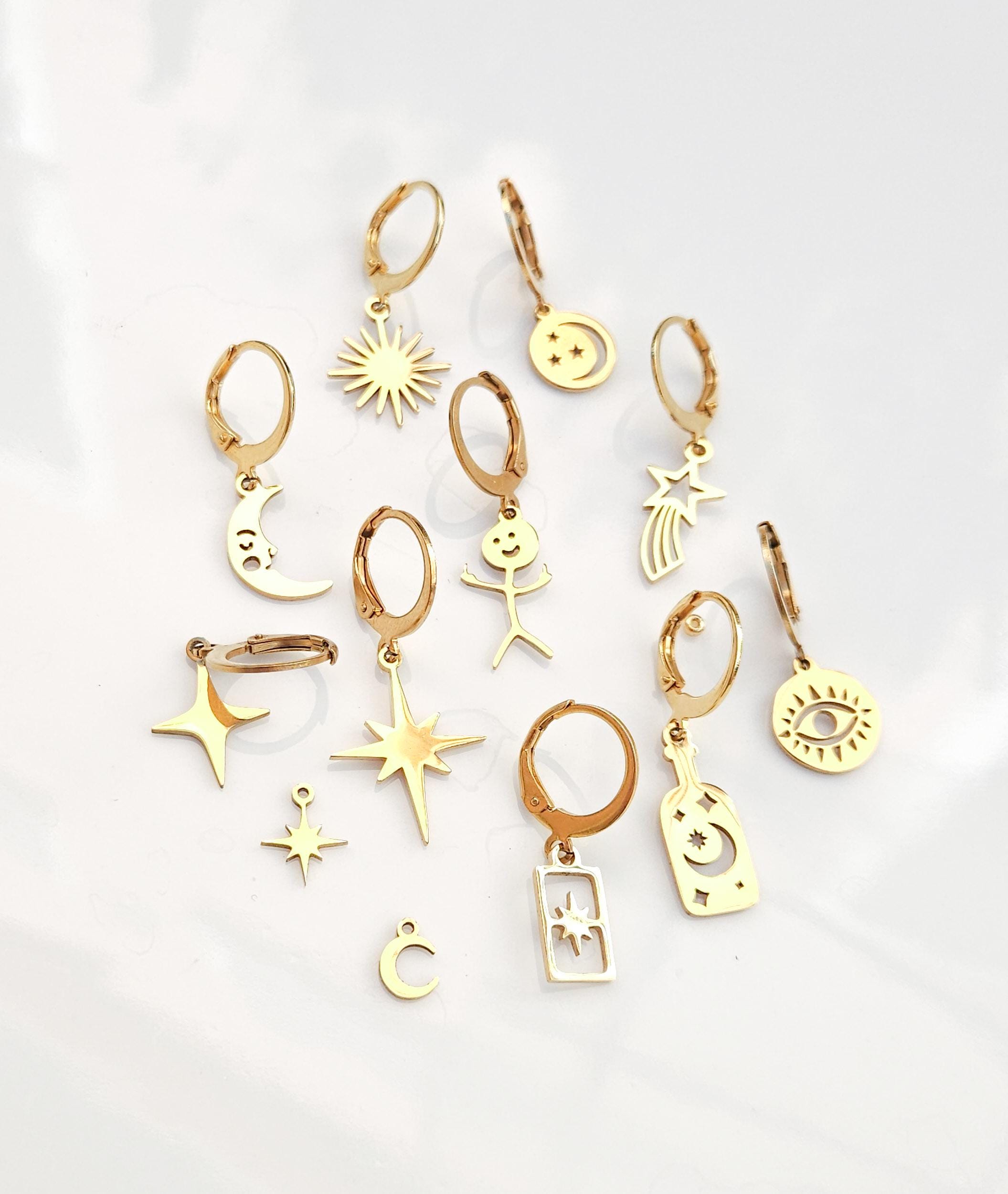 Single Stainless Steel Single Earring, Ear Piercings, Moon, Sun