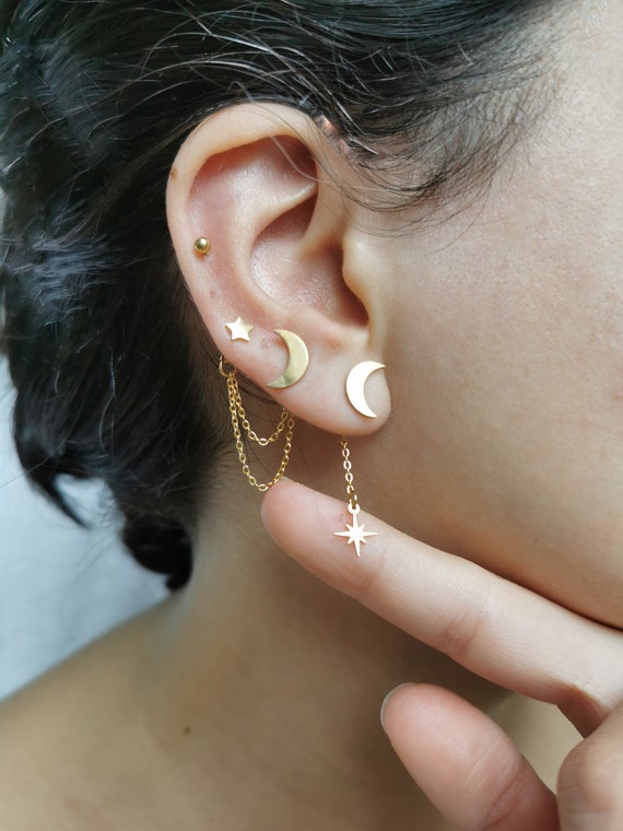 Boucles D'oreilles étoile Et Lune En Acier Doré - Zircones, Livraison 48h, Neuf Avec étiquettes