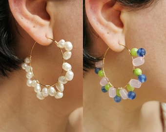 Hand-embroidered steel hoops, cultured pearls, handmade earrings