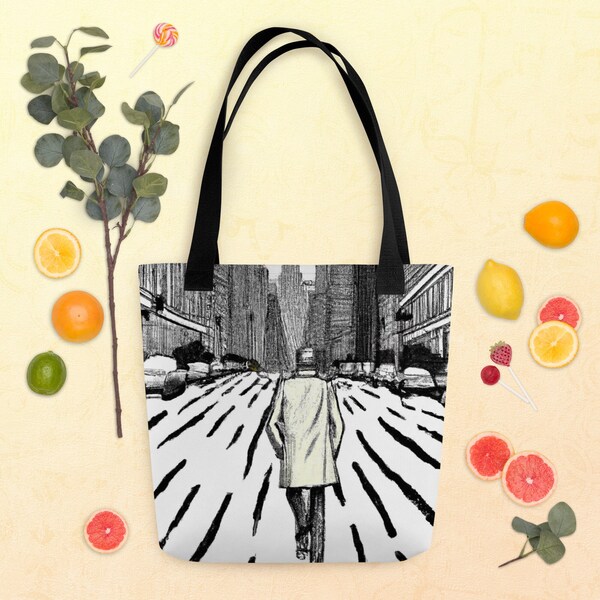 Rainy Day Stroll Artistic Tote Bag - An Ode to NYC in Sketched Artistry