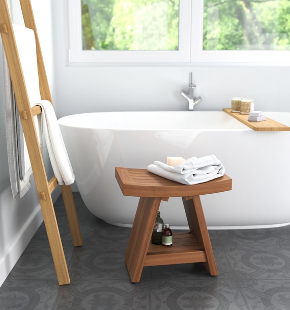 Patented 18 Asia Teak Shower Bench, Teak Bathtub Shelf Seat