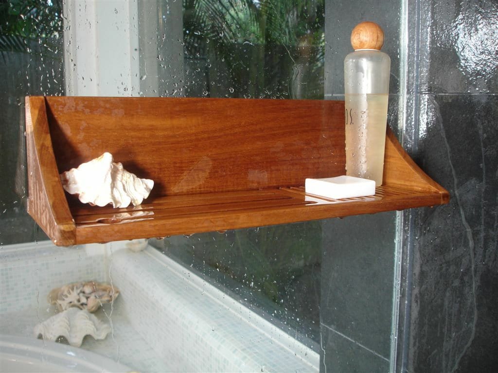 Floating Rectangular Shower Shelf with Rail and Natural Teak Wood