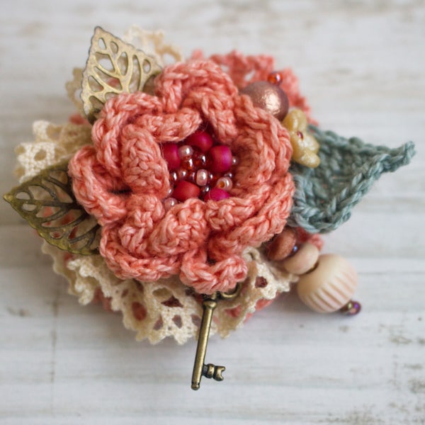 Textile brooch, Knitted crochet brooch. Boho style handmade. Shabby Chic. Fabric brooch