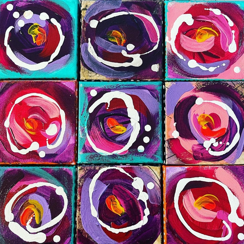 4x4 on Canvas Mini Abstract Flower Mixed Media Painting