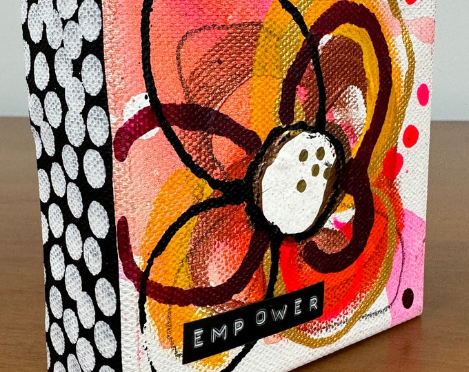 Featured listing image: Original Jessica Wood Artist. Mini Abstract Flower Mixed Media Painting. 4”x4” on Canvas