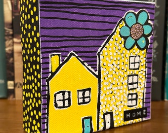 Original Jessica Wood Artist. Mini Abstract House. Mixed Media Painting. 4”x4” on Canvas