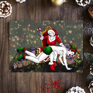 Frau Weihnachtsmann mit frechem Junge Weihnachtskarte A6