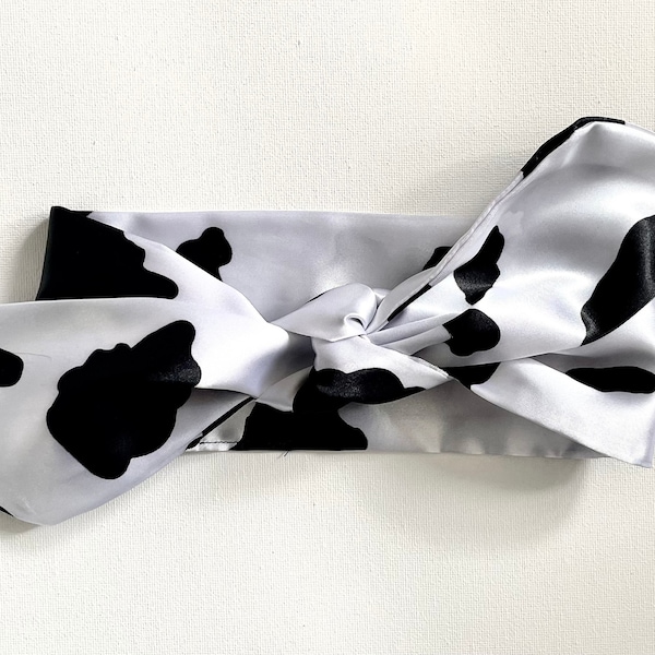 Long black and white hair scarf, cow print hair scarf, wide hair scarf, bowed headband, ascot, bag scarf, neckerchief, black headband, rodeo