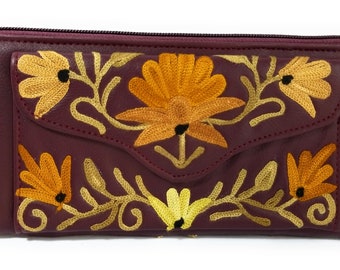 Handmade chain stitch embroidered leather Clutch, womens purse, beautiful Wallet