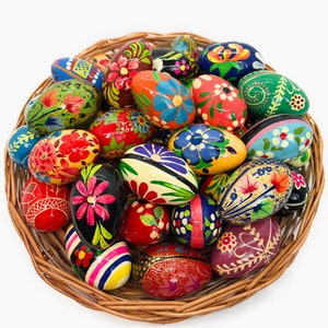 Hanging Hand painted 12 wooden Easter Eggs, Polish, Pisanki style, 2.5 inches eco friendly and lightweight