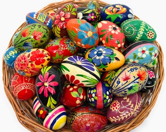 Hanging Hand painted 12 wooden Easter Eggs, Polish, Pisanki style, 2.5 inches eco friendly and lightweight