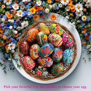 May include: A basket filled with colorful, hand-painted Easter eggs. The eggs are decorated with intricate floral patterns and gold accents. Pick your favorite! Use the number to choose your egg.