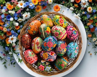 May include: A basket filled with colorful, hand-painted Easter eggs. The eggs are decorated with intricate floral patterns and gold accents. Pick your favorite! Use the number to choose your egg.