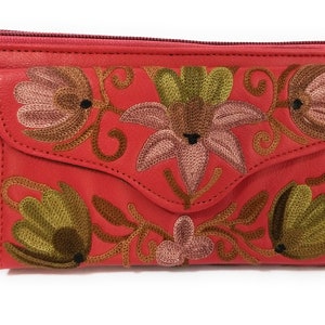 Cosido de cadena hecho a mano de cuero bordado Clutch, bolso de mujer, hermosa billetera de 9 pulgadas múltiples bolsillos