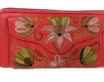 Handmade chain stitch embroidered leather Clutch, womens purse, beautiful Wallet 9 inches multiple pockets