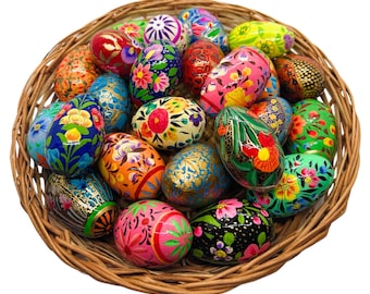 Rumikrafts Hand painted 12 wooden Easter Eggs,  Size: 2.5 inches eco friendly, lightweight and kids friendly (Basket included)