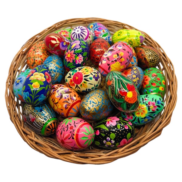 Rumikrafts Hand painted 12 wooden Easter Eggs,  Size: 2.5 inches eco friendly, lightweight and kids friendly (Basket included)