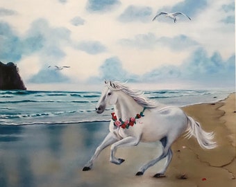 Steadfast - prophetic art - white horse - ocean - roses - christian art print