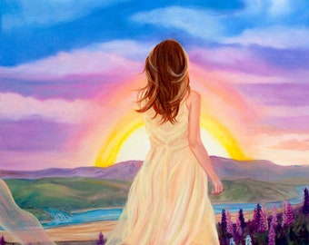 Dawn Of a New Day - Prophetic Art Print - Christian Art - Sunrise- Woman on Hill -