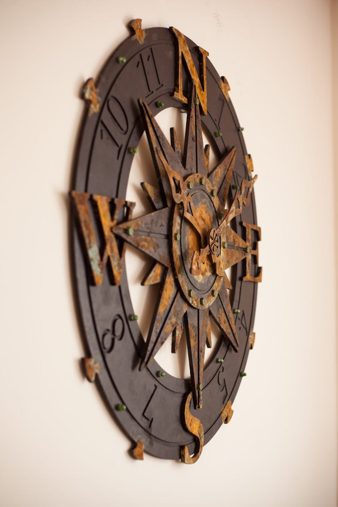 Big Wall Clock Rustic compass wall clock ocher color natural Etsy