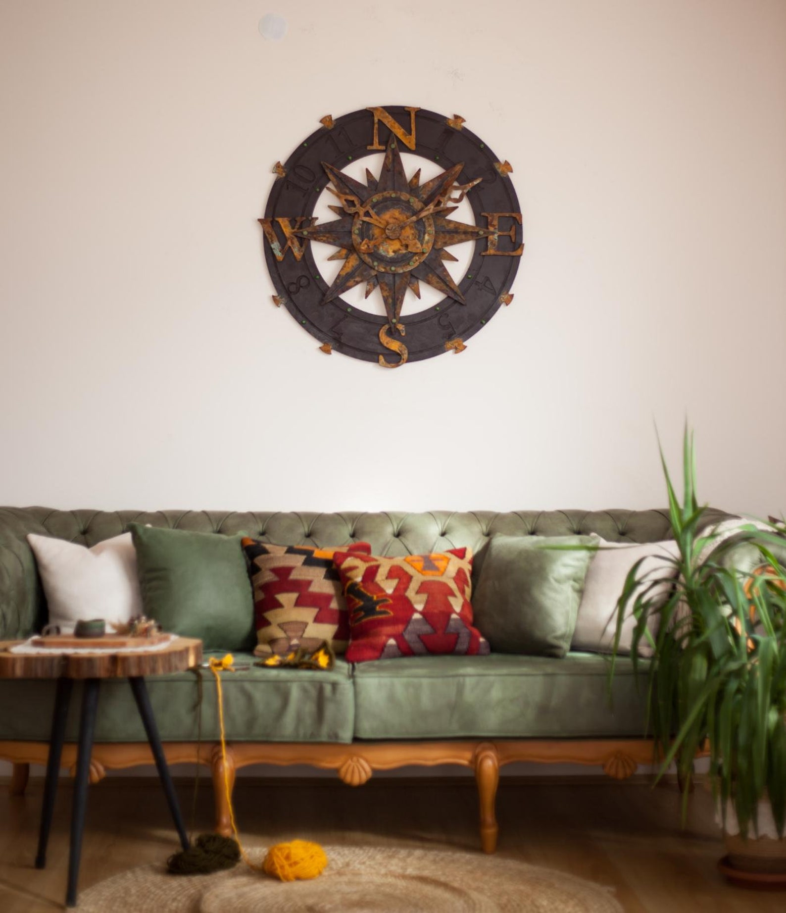 Big Wall Clock Rustic compass wall clock ocher color ...