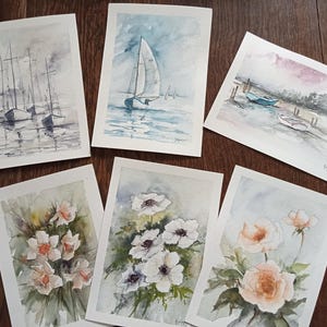 Small original watercolors, seascapes, flowers. Small format cards or paintings to hang.