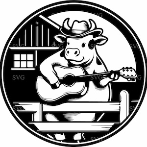 Gitaarkoe SVG 4 gesneden bestand - ontwerp koe met boerderijthema gitaar spelen - Barnyard digitale kunst voor ambachten