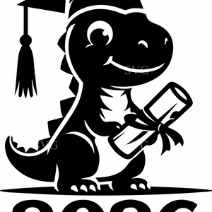 May include: A black and white illustration of a smiling dinosaur wearing a graduation cap and holding a diploma tied with a bow. The number 2026 is displayed below the dinosaur. This design is suitable for graduation-themed products.