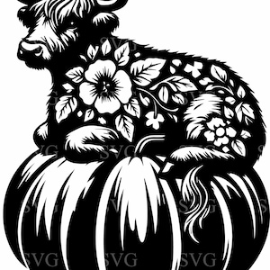 6 Floral Highland Cow SVG | Pumpkin Patch Cow Cut File | Autumn Patterned Cow Clipart for Cricut & Silhouette