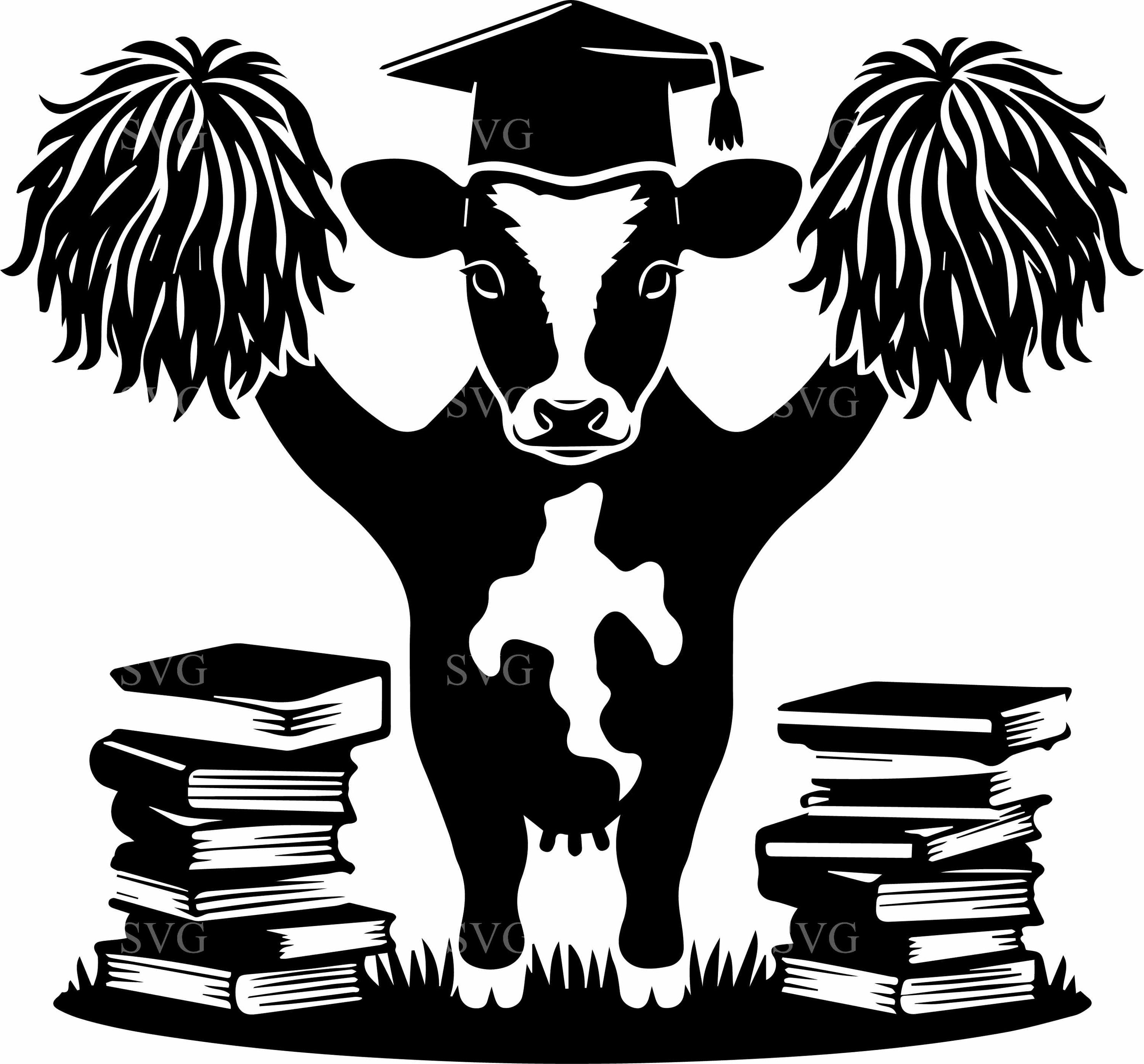 6 Graduation Cow SVG Cheer Pom Cap Books Design Cut File Student School ...