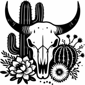 Bull Skull Cactus SVG, 5 fichier coupe Western Cow Skull, Floral Desert Skull Clipart pour Cricut, PNG sud-ouest rustique