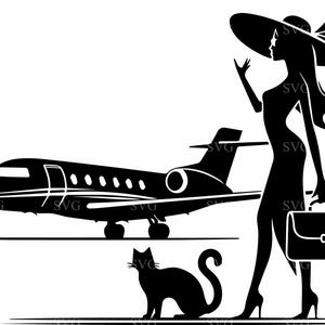 Archivo SVG de 3 cortes para mujer elegante viajando, silueta de gato y jet de lujo, clipart de moda para Cricut, corte láser, calcomanías de vinilo